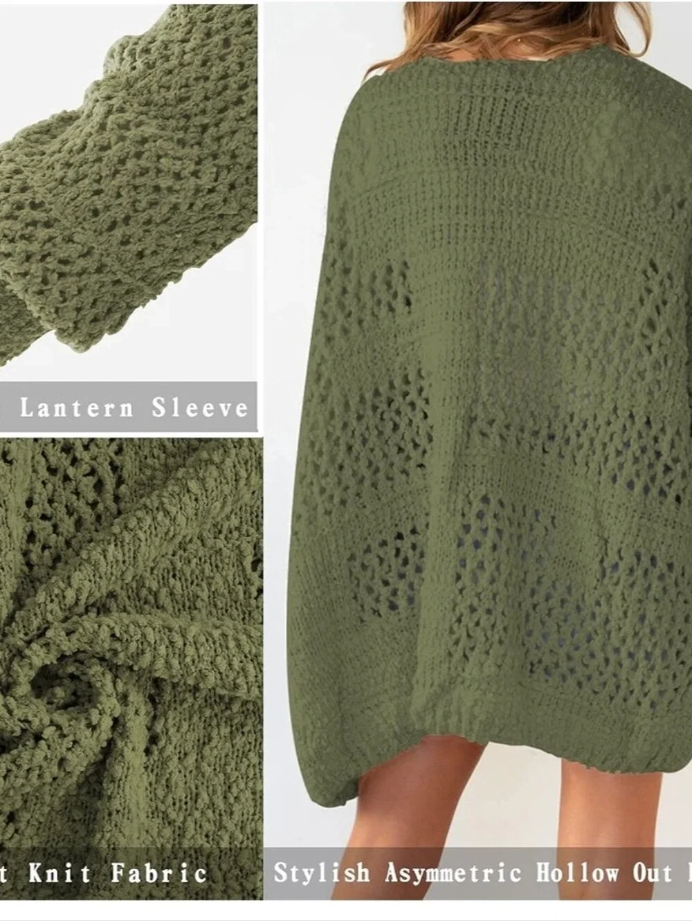 Boutique Olive Green Chunky Popcorn Knit Cocoon Cardigan Lantern Sleeve XL